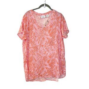 Nicole Miller 100% Linen Pink Tropical Floral T-Shirt Top 1X Relaxed Boxy Fit